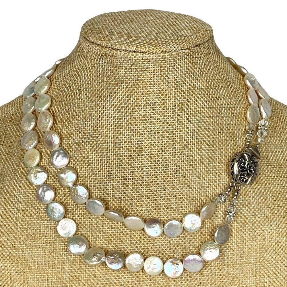 Vtg Sterling Silver Cultured Flat Pearls Double Strand Necklace Swarovski 925
